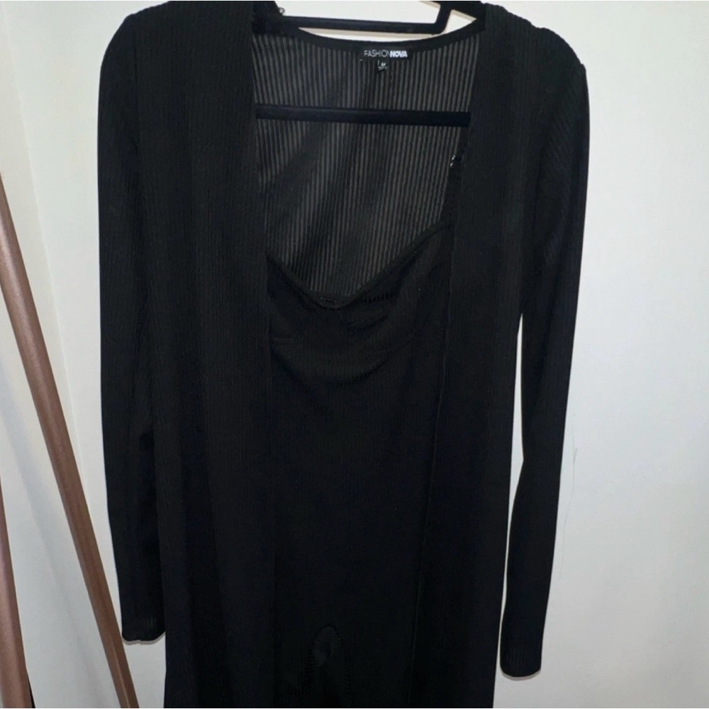 Fashion Nova Black Ribbed Long Sleeve Jumpsuit with Drape Neck